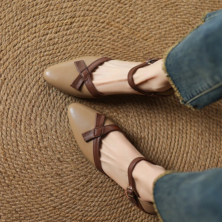 法式通勤小羊皮尖头玛丽珍小皮鞋拼色蝴蝶结低跟包头罗马凉鞋女夏