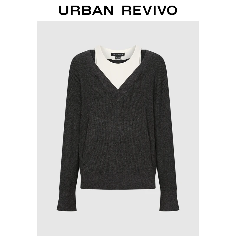 UR2025冬季新款女装潮流撞色假两件圆领针织衫UWJ950117