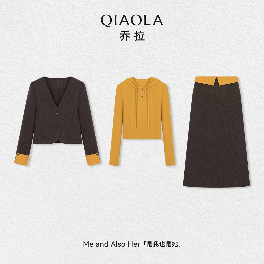 QIAOLA/乔拉【芝士巧乐兹】秋冬羊毛梭织时尚V领西装式外套直筒长裙