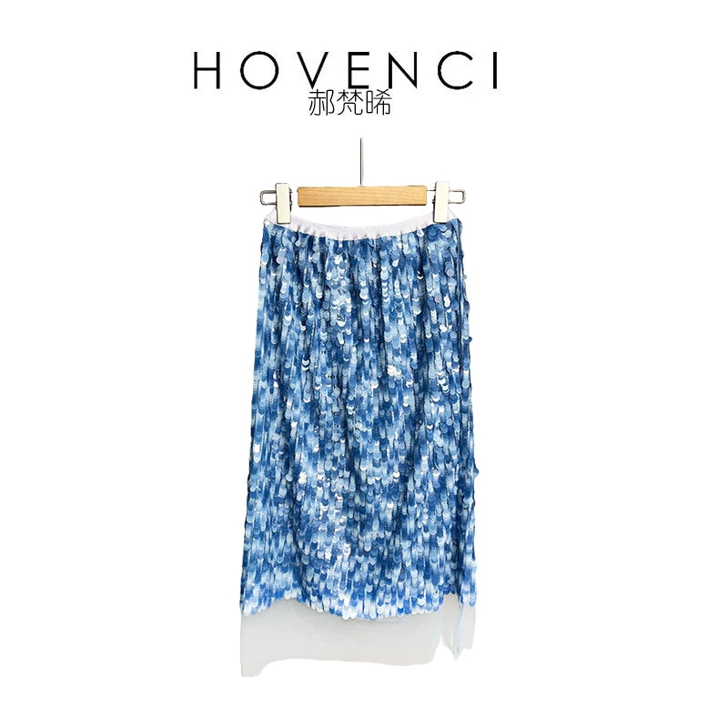 HOVENCI郝梵晞蓝色半身裙2025春夏新款高腰时尚重工渐变亮片长裙