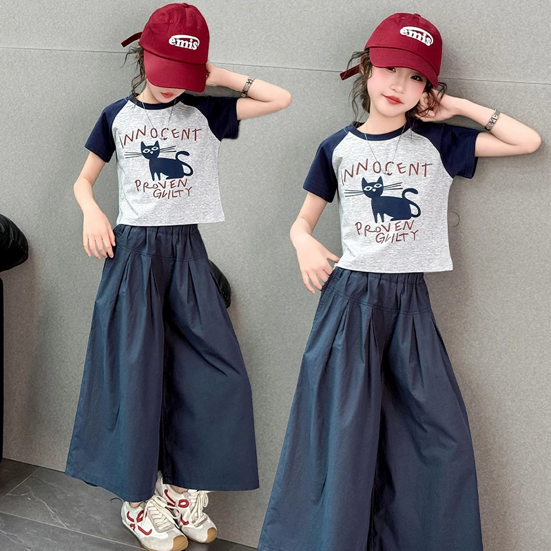 女大童夏季短袖套装2025新款洋气夏装卡通t恤女孩阔腿裙裤两件套