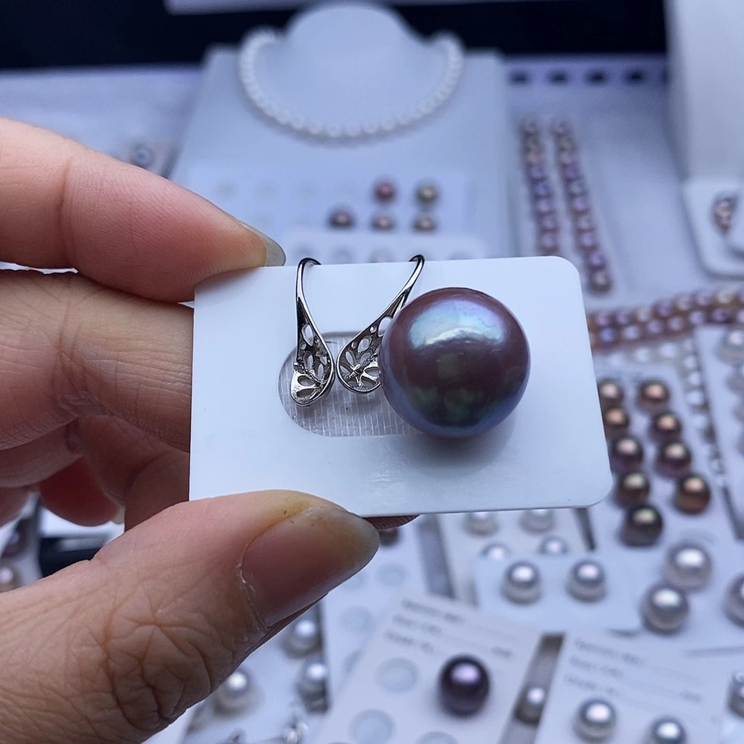 淡水珍珠银S925镶嵌耳饰17.7mm紫珠定制不退换