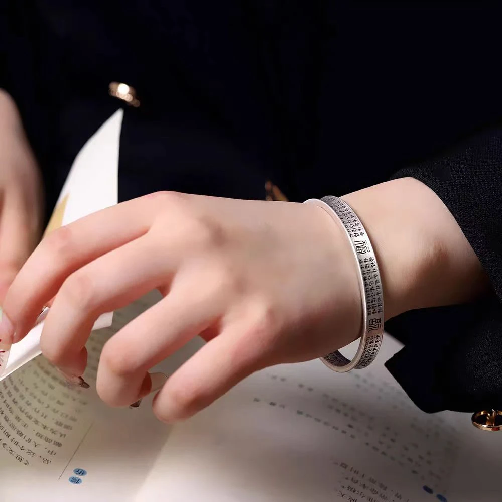 足银手镯 百福足银999.9手镯哑光复古手工做旧实心纯银气质高级感