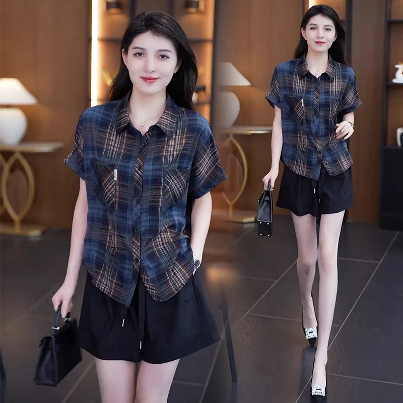 拉夏贝尔时尚洋气格子衬衫女2025夏季宽松显瘦短袖百搭格纹上衣潮