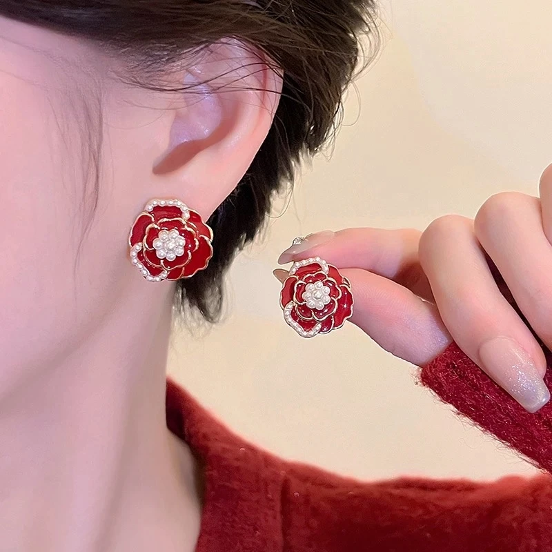 铜合金耳饰 【红色山茶花】时尚高级感花朵百搭法式小香风耳钉F1583
