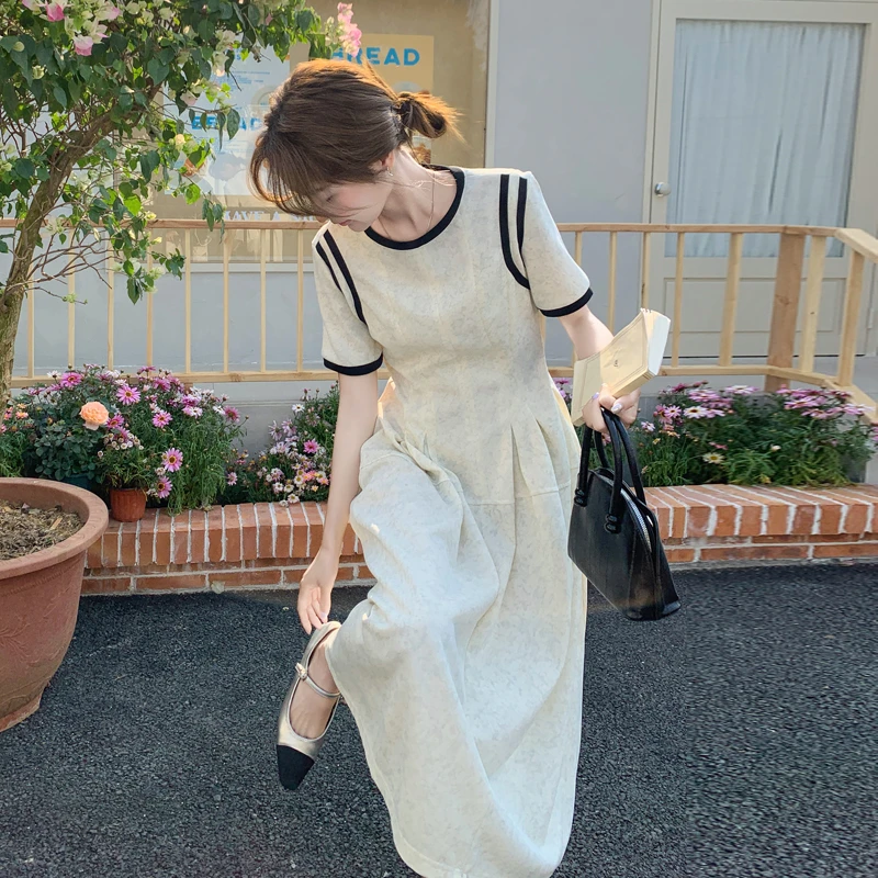 法式茶歇拼色连衣裙女夏季新款2025高级感气质时尚显瘦高腰A字裙