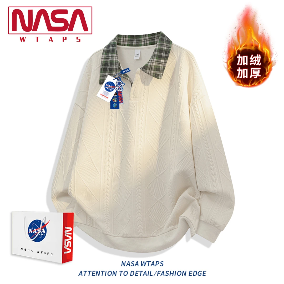 NASA WTAPS潮牌美式翻领卫衣男冬季加绒复古休闲宽松大码长袖上衣