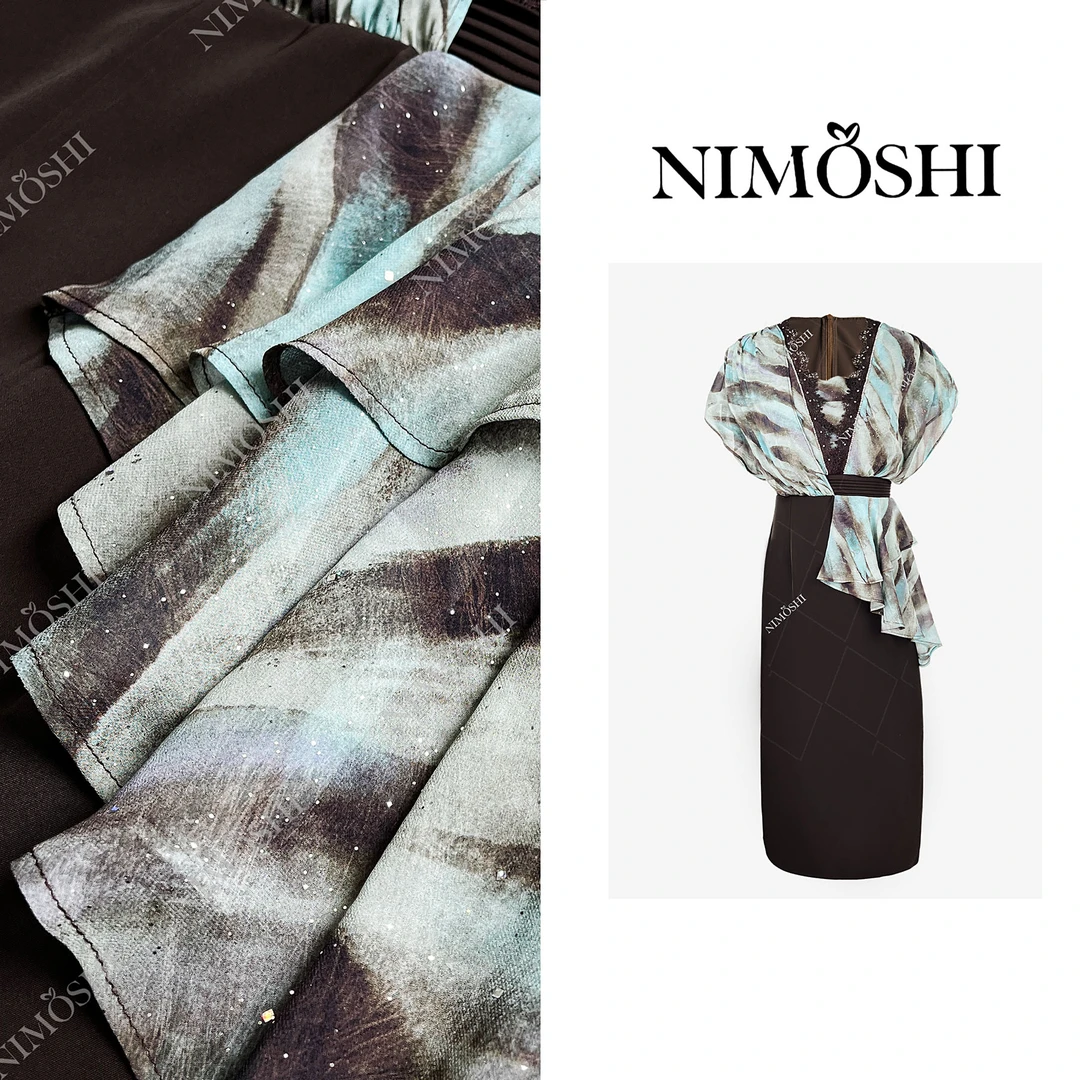 NIMOSHI【倩倩】新款拼接网纱丝带高腰气质显瘦不规则连衣裙Q1957