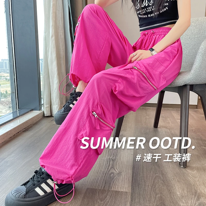 冰丝速干工装裤女夏季薄款小个子美式束脚又酷又飒休闲阔腿运动裤