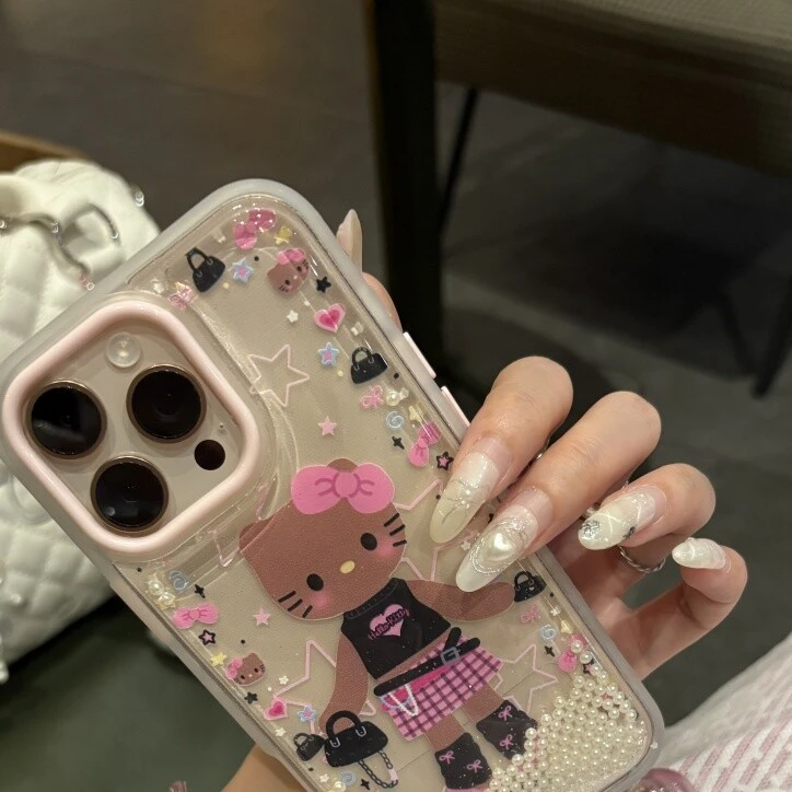珍珠流沙时髦Kitty适用iPhone16promax手机壳苹果15Pro少女14/13