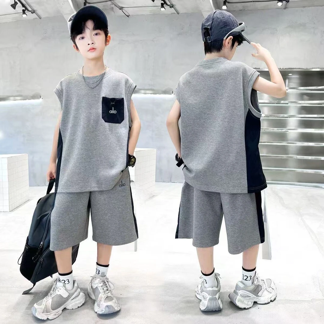 潮童bi备~男童夏季新款撞色拼接中大童无袖时髦休闲套装10060