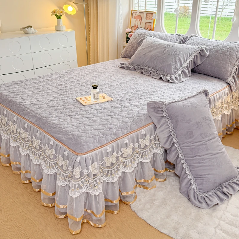 可拆洗加厚冬季保暖床裙三件套防滑夹棉床罩单件法式牛奶绒床垫套