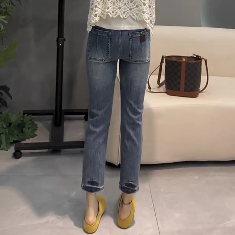 大码弹力烟管裤牛仔裤子女2025春夏新款胖mm显瘦小脚铅笔裤九分裤
