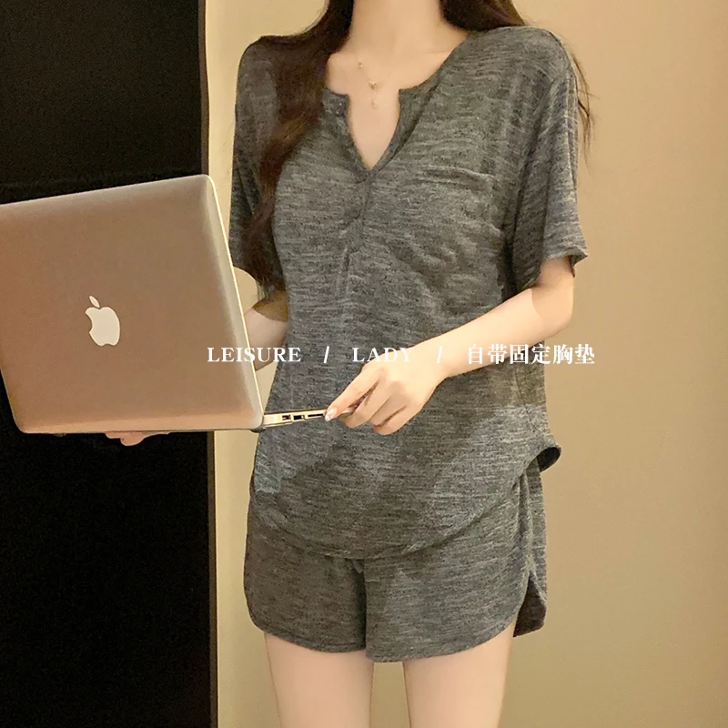 短袖睡衣女款夏季彩棉2025新款宽松运动短裤带胸垫一体深灰两件套