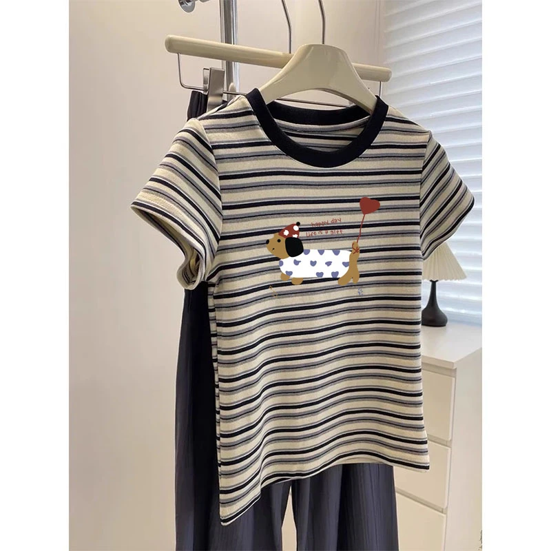 不撞款领口拼接色条纹t恤女洋气时尚百搭休闲短袖上衣夏季潮流款