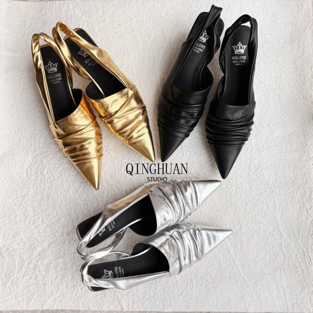 【清欢】褶皱经典极简主义 | 尖头舒适真皮后空单鞋 |5cm