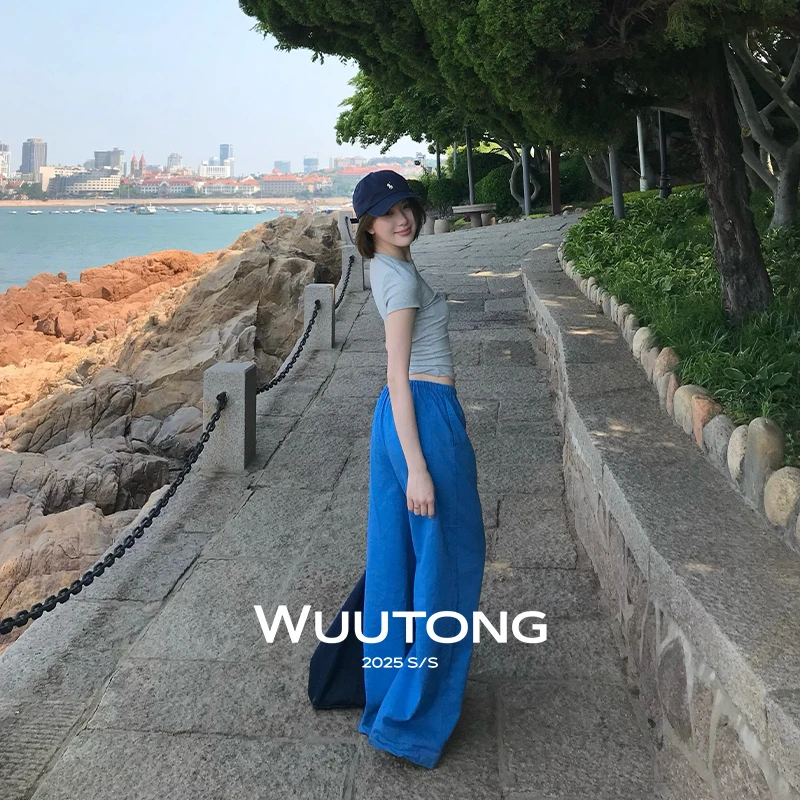 WuuTong【湛蓝周末】时尚运动女休闲阔腿垂感宽松长裤慵懒亚麻裤