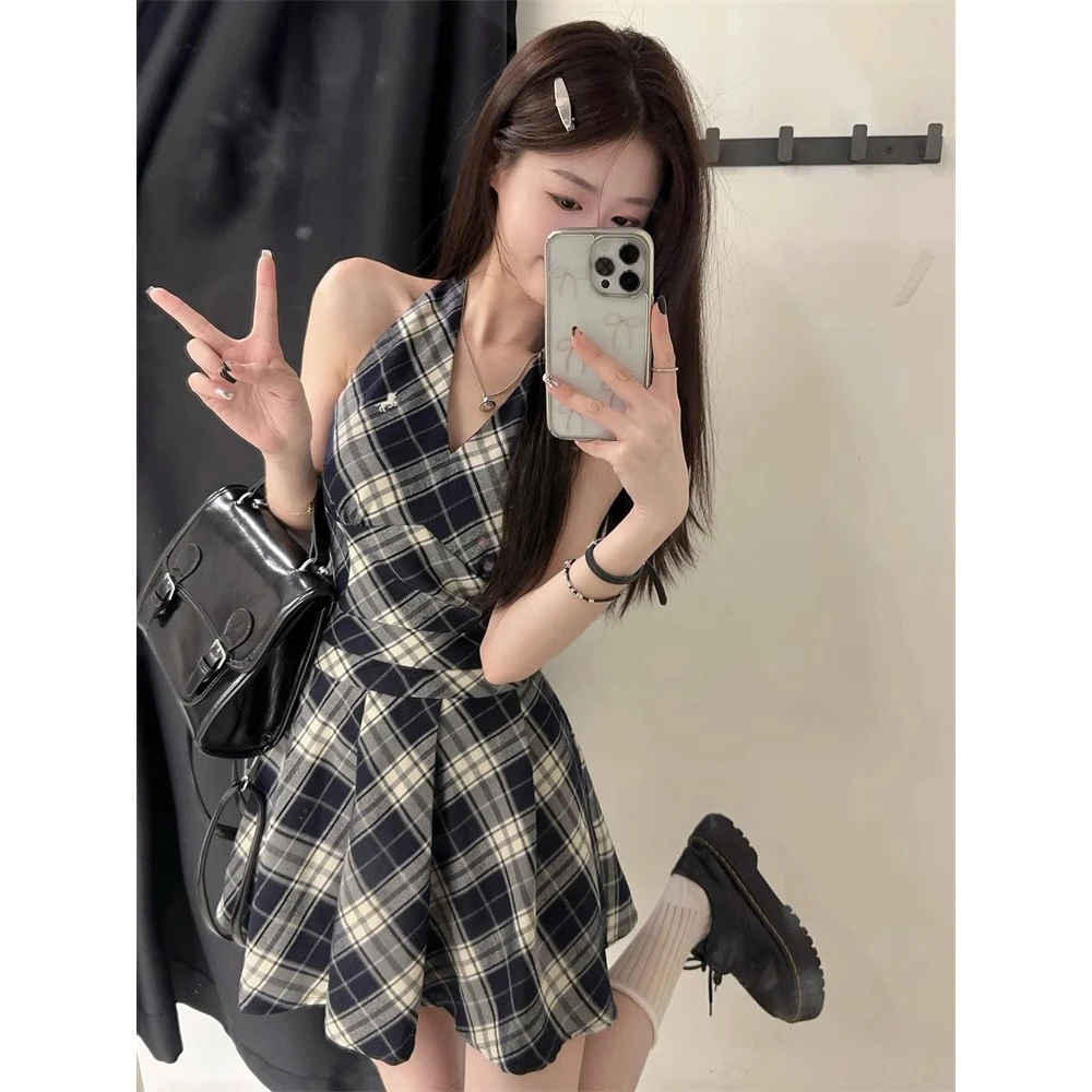 夏季复古格纹无袖v领背心百褶裙裙子女黑白格子挂脖连衣裙a字短裙