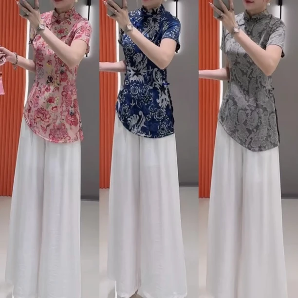 2025夏季新款时尚套装女国风盘扣立领提花上衣阔腿裤两件套68986