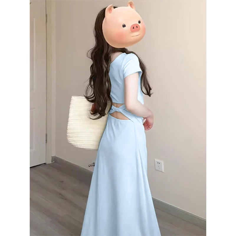 蓝色连衣裙女夏日绝美收腰小裙子a字掐腰小黑裙修身包臀长裙套装