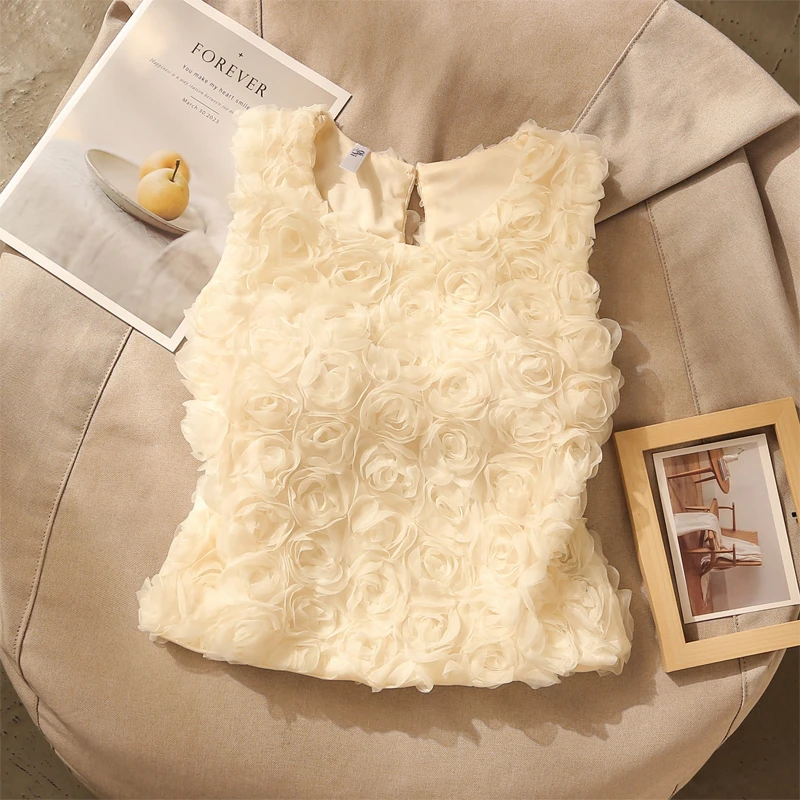 法式高级感立体玫瑰花朵无袖雪纺衬衫女夏季甜美洋气短款背心上衣