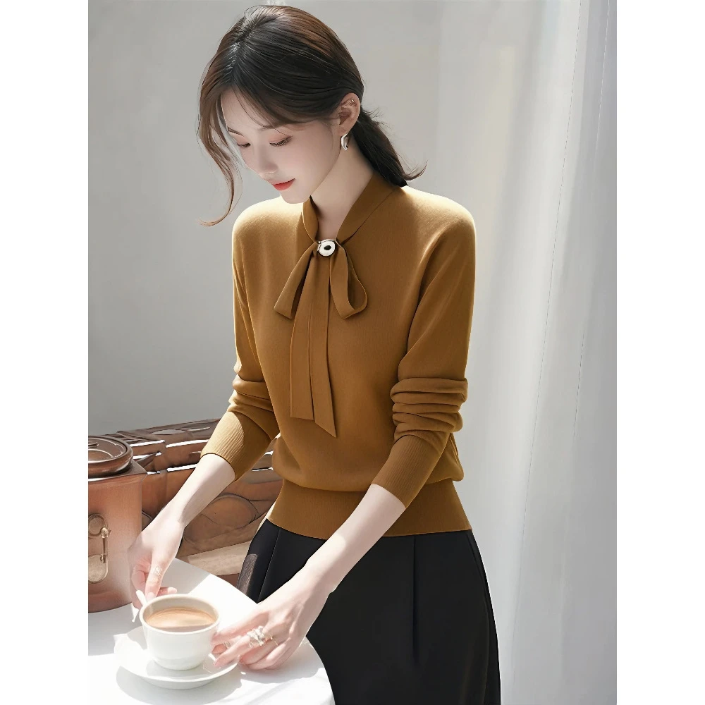 独特漂亮内搭打底衫设计感好看上衣黄棕色针织衫秋装女款2025新款