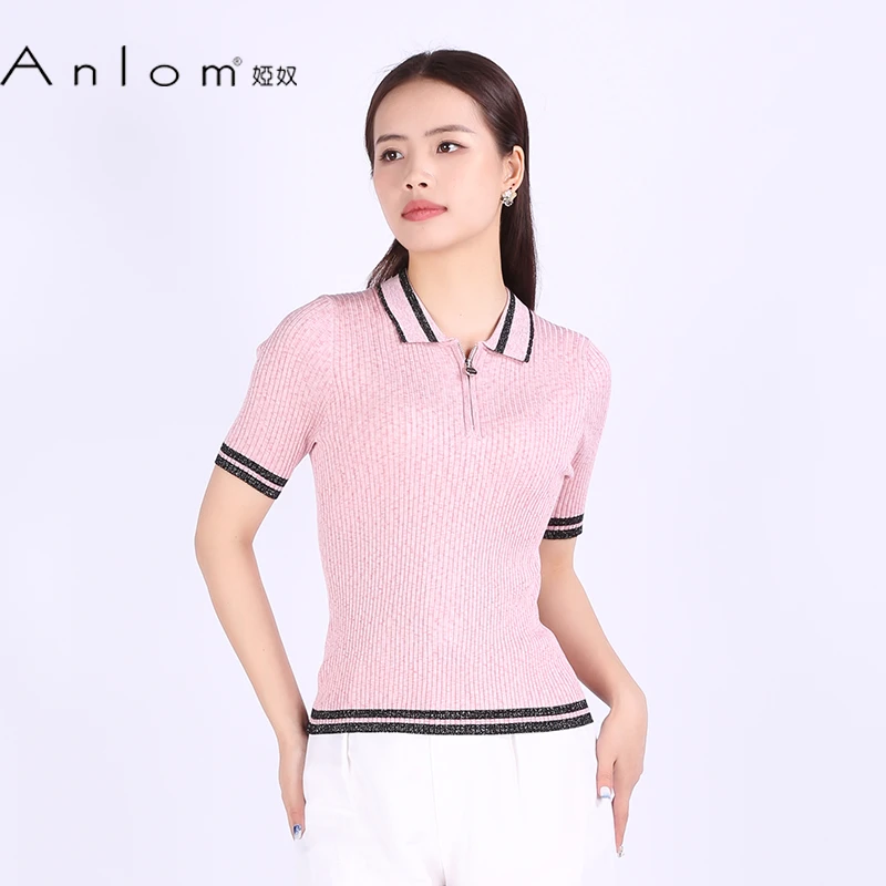 Anlom/娅奴夏季半袖新款polo领并粉休闲桑蚕丝针织衫通勤上衣套衫