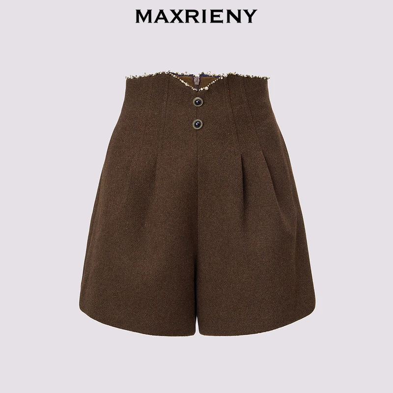 MAXRIENY精致优雅阔腿裤女24冬新款收腰显瘦复古高腰短裤修身显瘦