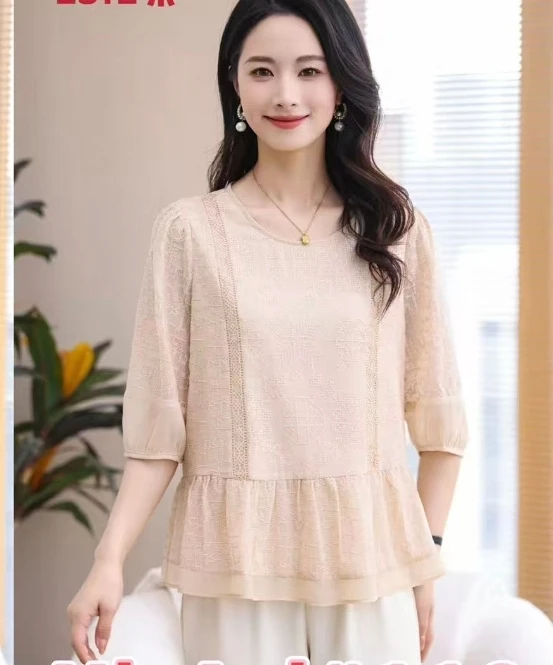 通勤风休闲风薄款真丝夏季宽松型短袖显瘦刺绣宽松春夏T恤中袖