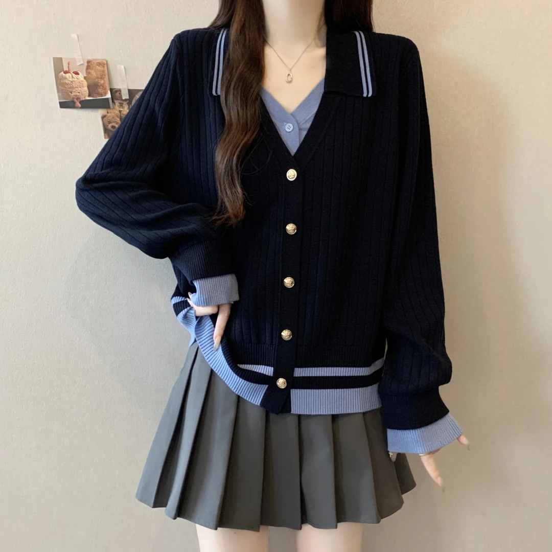 胖妹妹气质假两件针织开衫女秋季新款宽松显瘦高级感V领毛衣外套