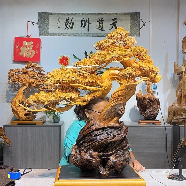 你***藏香榧木崖柏迎客松精品摆件