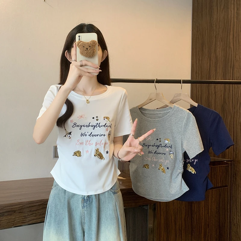 A胖MM褶皱收腰短袖T恤女夏季大码设计感字母刺绣洋气减龄显瘦上衣