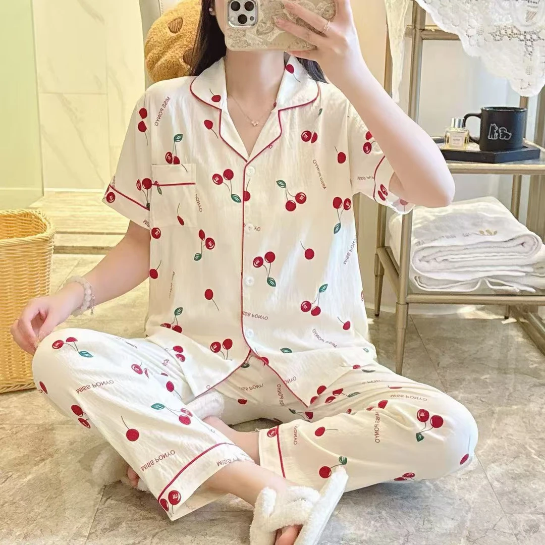 春夏短袖云朵棉睡衣夏季女短袖长裤皱布翻领宽松家居服女套装女士