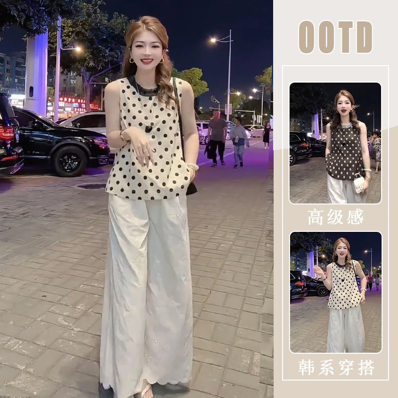 韩系波点无袖上衣2025夏季新款甜美宽松小衫背心女宽松休闲裤套装