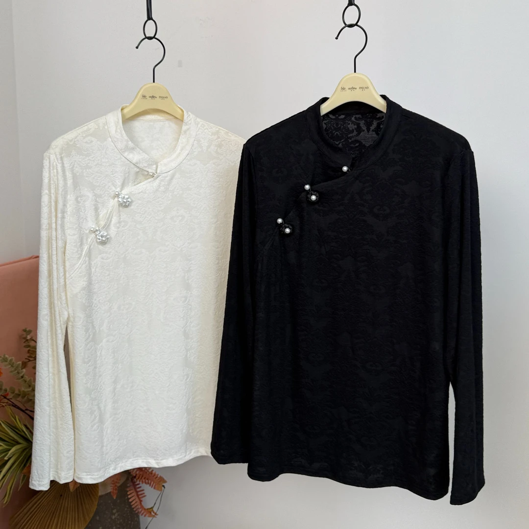 新中式立领大码高弹力提花打底衫