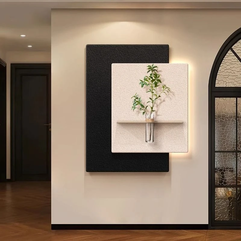 立体砂岩水培绿植玄关装饰画正对门入户走廊过道led壁灯挂画餐厅
