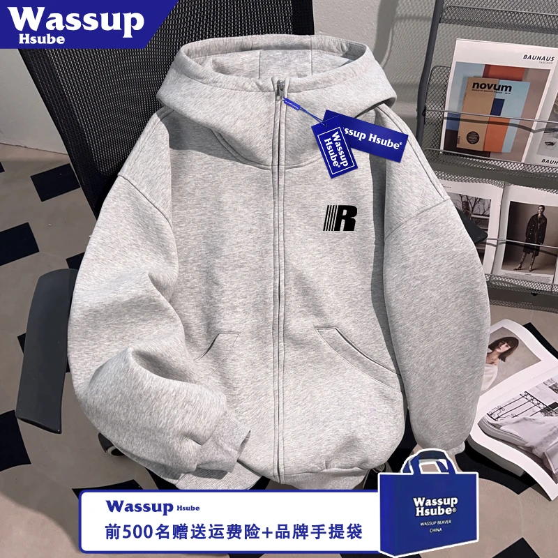 WASSUP HSUBE浅灰时尚外套创意字母印花全拉链卫衣秋季男女款开衫