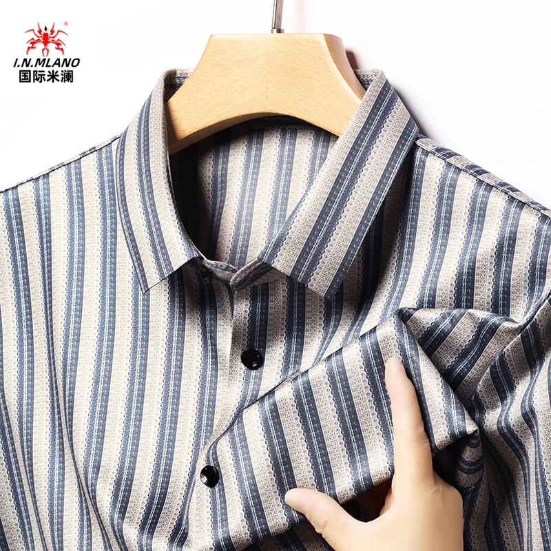 国际米澜品牌正品男士夏季新款条纹衬衫男短袖百搭男士半袖衬衣