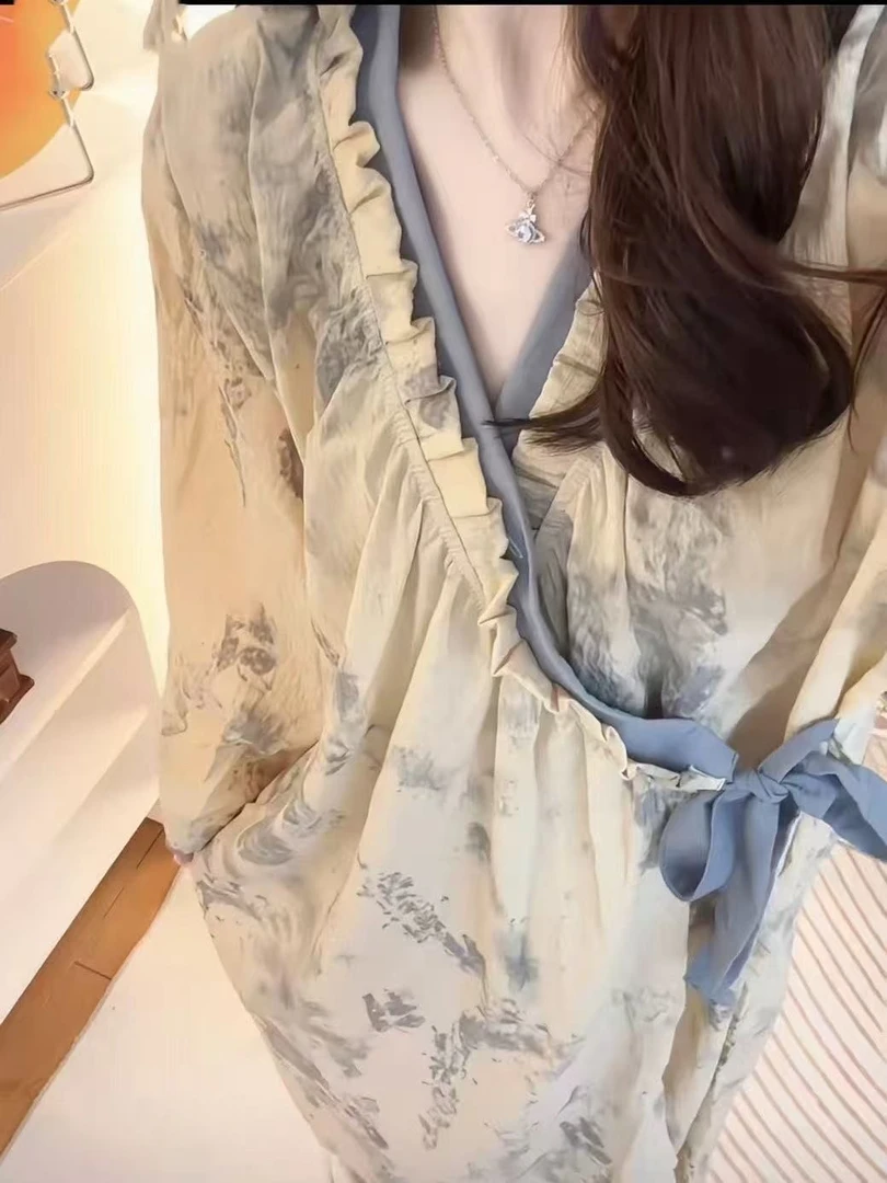 【水墨幽兰】春秋新款睡袍女居家国风水墨画浴袍高级感家居服睡裙夏