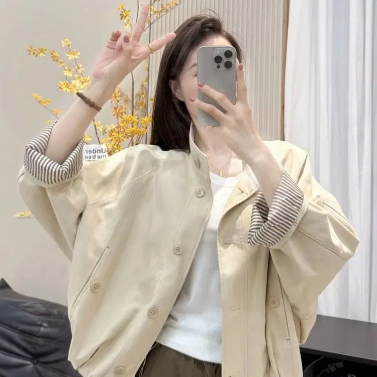 欧货英伦风宽松休闲立领夹克外套女2025新款内里条纹短款风衣上衣