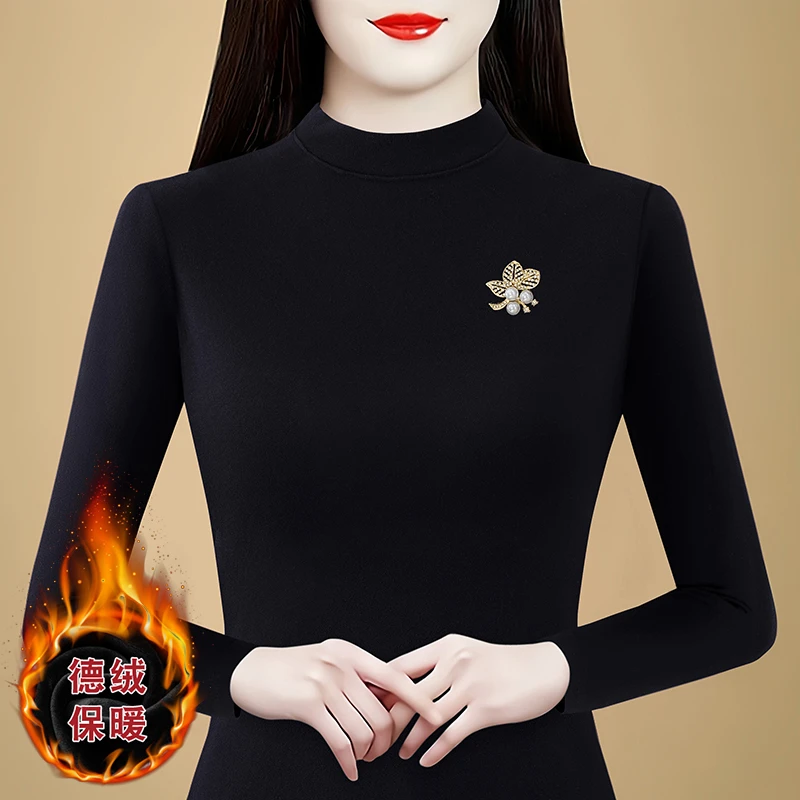 双面德绒半高领打底衫女秋冬中年妈妈内搭长袖T恤轻奢高级感上衣