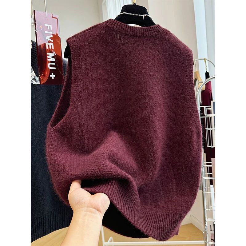 2025秋冬新款复古纯色毛线针织衫叠穿上衣圆领无袖毛衣马甲背心女