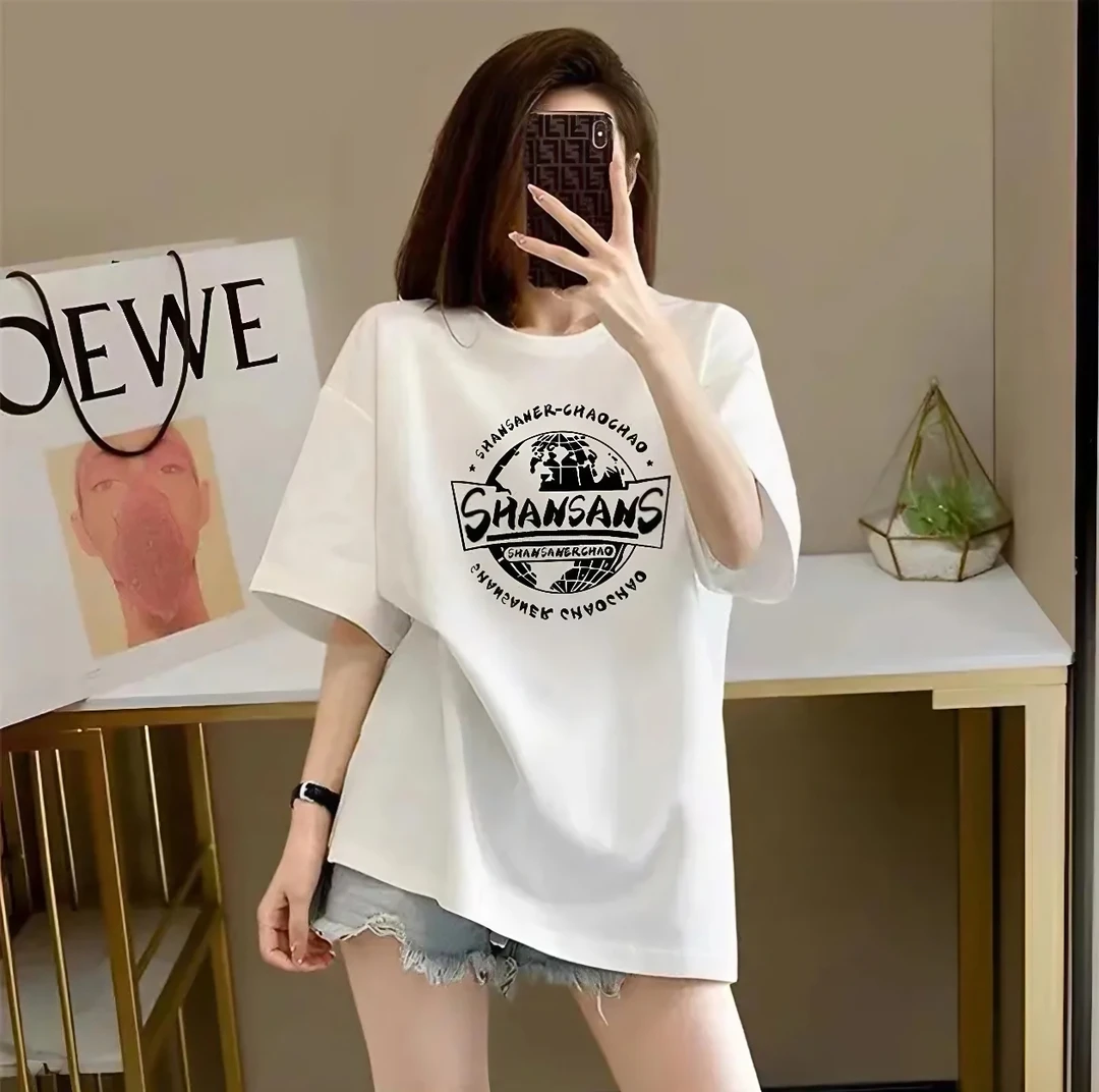 优质纯棉短袖T恤女2025新款夏季韩版宽松大码圆领印花气质宽松版