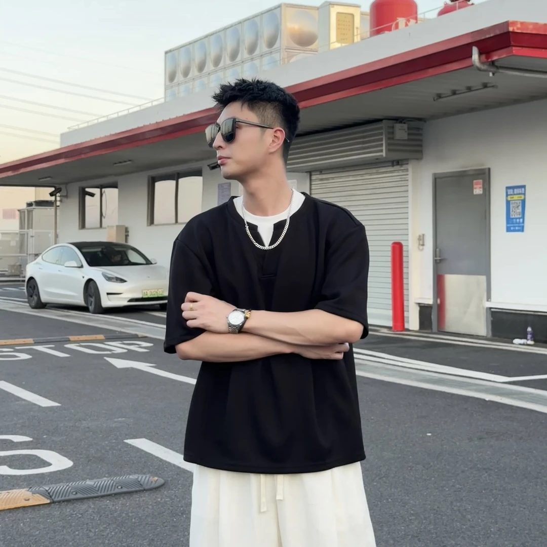 撞色假两件短袖升级面料三色T恤纯色运动百搭重磅宽松T恤