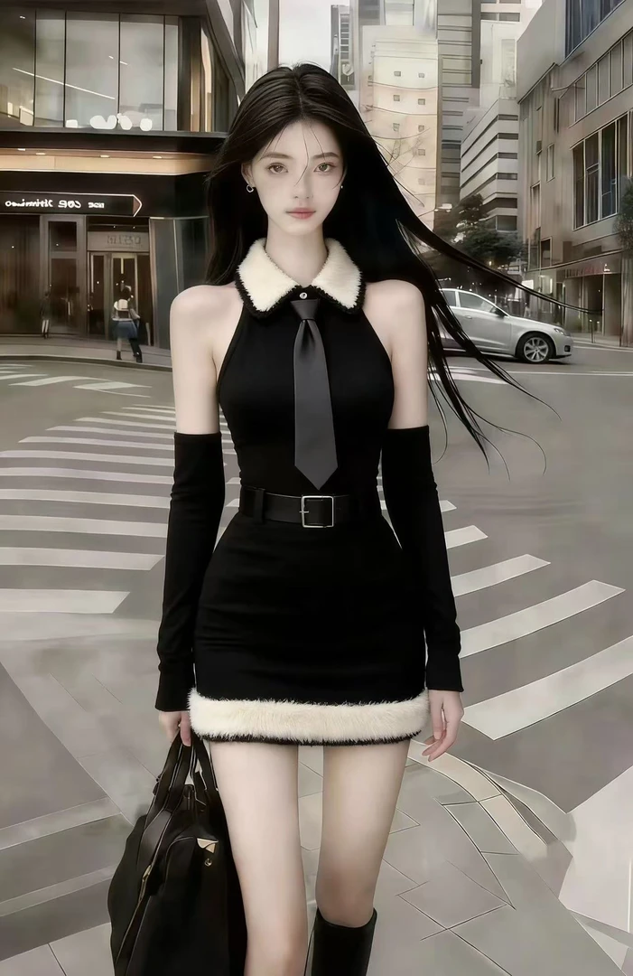 秋冬季2025时尚轻奢黑色拼接毛毛翻领露肩修身收腰系带包臀连衣裙