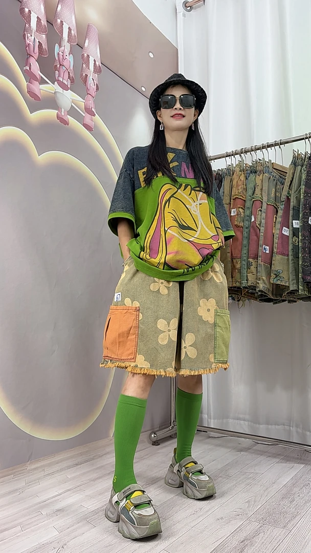 时尚休闲印染透气潮牌大码牛仔五分裤微弹力做旧水洗潮流