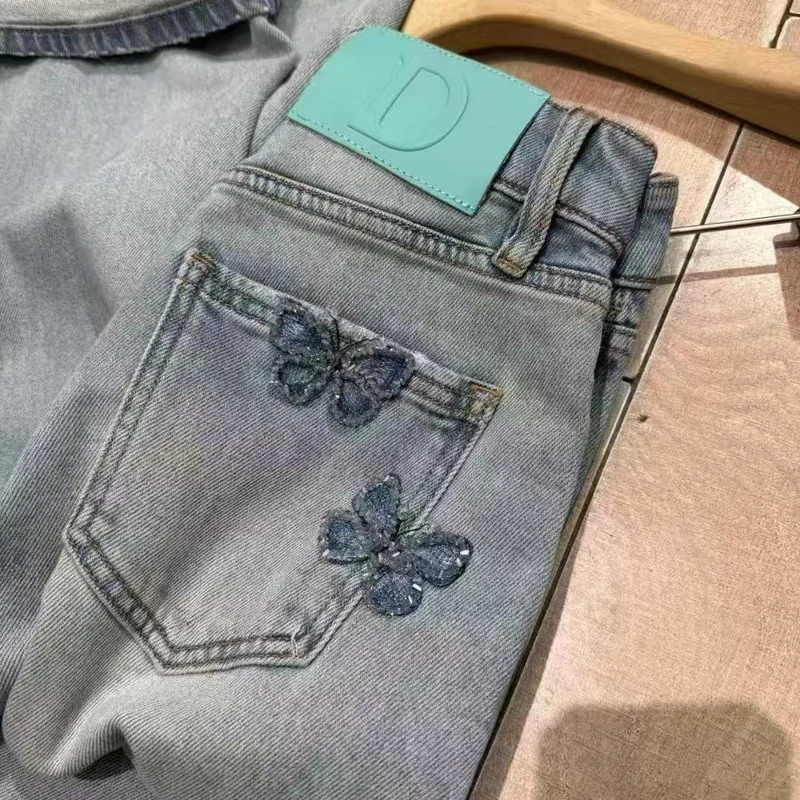 M450 大直筒！裤长104   钉珠口袋蓝蝴蝶蓝色牛仔裤 款号EV328