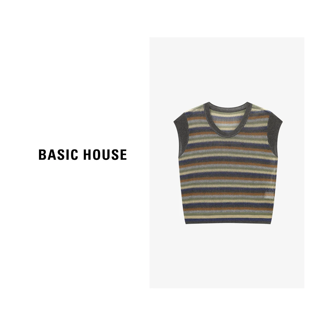 Basic House/百家好夏季休闲百搭时尚无袖条纹针织衫-B0625B5EZA2