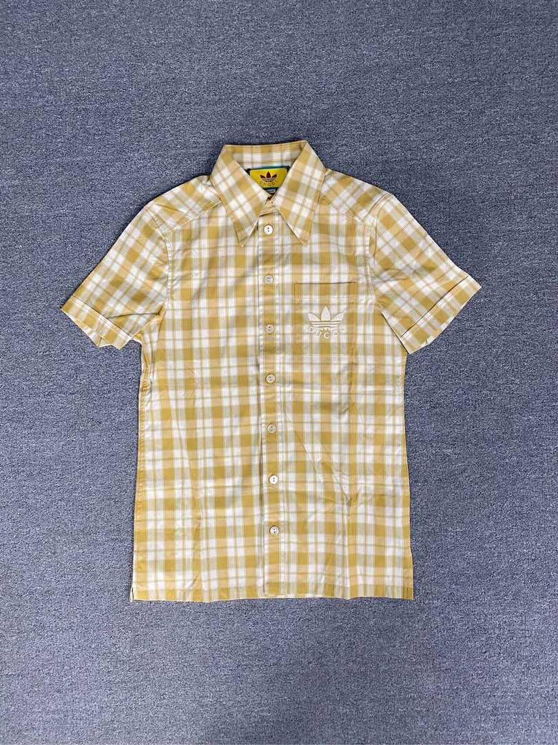 未使用 GUCCI/古驰 格纹纽扣短袖衬衫/黄色/46码