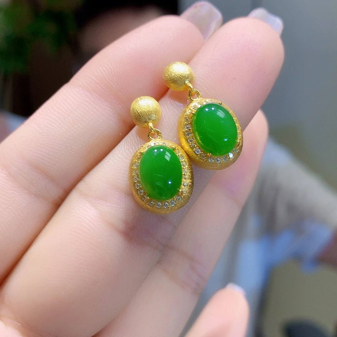 和田玉（碧玉）银S925镀金镶嵌耳饰